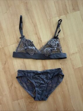 Shirley of Hollywood Sheer Lace Bralette & Bikini Set - Gray